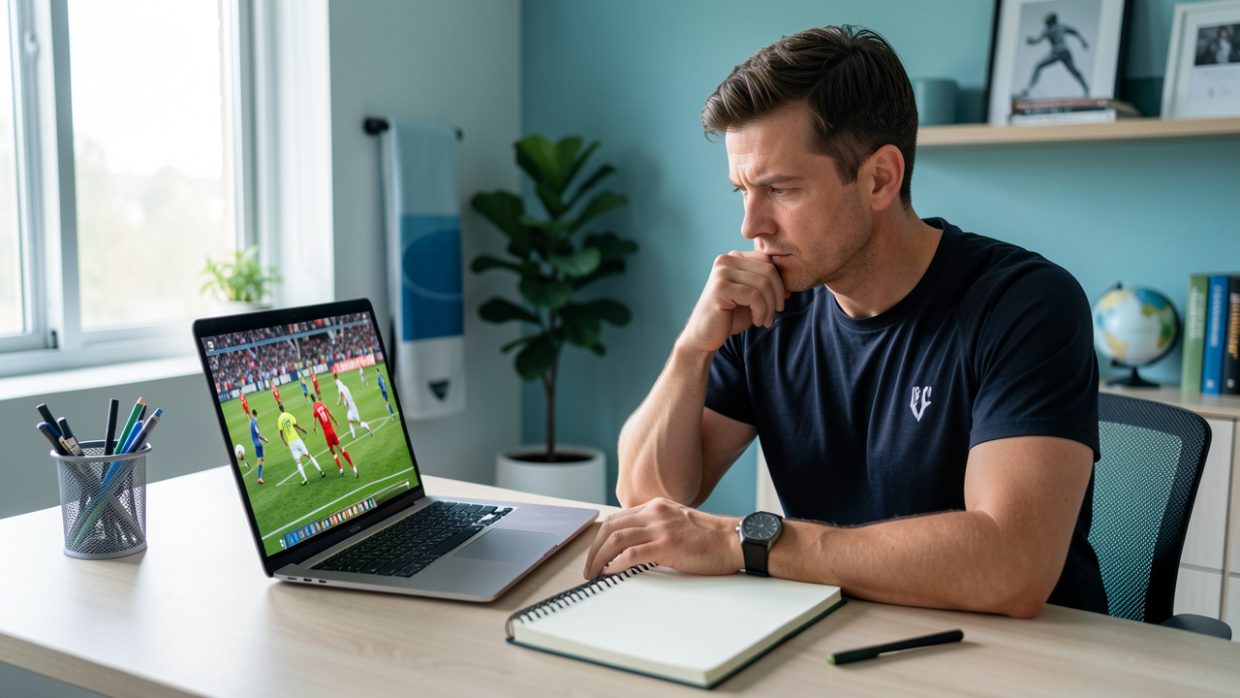 Homme analysant un match de football sur un ordinateur portable, avec un carnet de notes ouvert dans un espace moderne et lumineux.